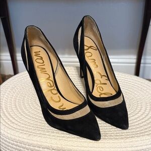 Sam Edelman Black Suede Pointed Pumps with Nude Mesh Trim